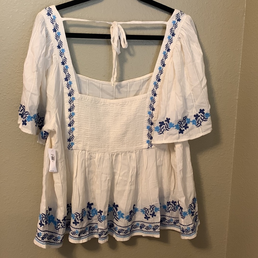 White Smocked & Embroidered Top